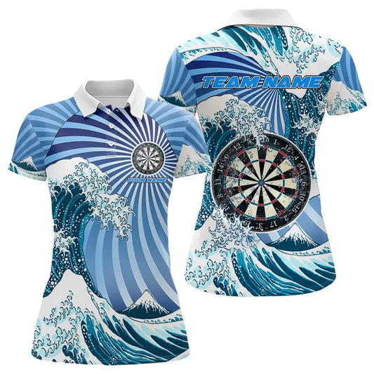 Blau Darts Wellen Meer Dartpolo & 1/4 Reißverschluss personalisierte Damen-Dartshirts, witziges Trikot TDM3419