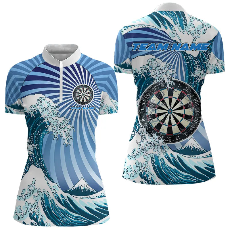 Blau Darts Wellen Meer Dartpolo & 1/4 Reißverschluss personalisierte Damen-Dartshirts, witziges Trikot TDM3419