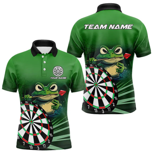 Individuelles grünes witziges Frosch-Dart-Poloshirt für Herren, Dart-Teamoutfit TDM3558