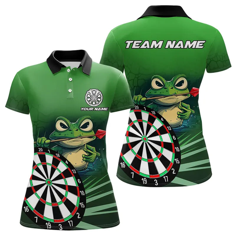 Individuelles Grünes Lustiger Frosch Darts-Poloshirt für Damen, Dart-Trikot-Team-Outfit TDM3558