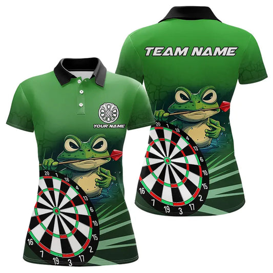 Individuelles Grünes Lustiger Frosch Darts-Poloshirt für Damen, Dart-Trikot-Team-Outfit TDM3558