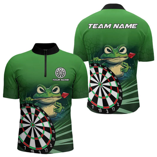 Individuelles Grüne Lustige Frosch Dart Viertelreißverschluss Herren Shirt, Dart Trikot Team Outfit TDM3558