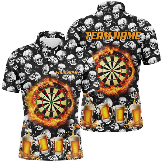 Individuelles Flammen-Dartbrett-Bier-Totenschädel-Dart-Poloshirt für Herren, Lustiges Trink-Darttrikot TDM2734