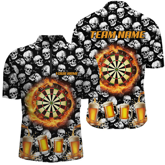 Individuelles Flame Dartboard Bier Skull Dart Herren Shirt mit Viertelreißverschluss, Lustiges Trinken Dart Trikot TDM2734