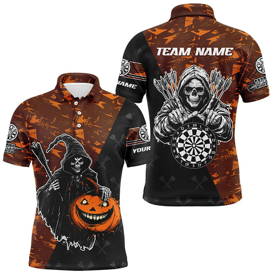 Individuelles Orange Death-Skeleton-Halloween-Dart-Poloshirt für Herren, Gruseliges Darttrikot TDM2736