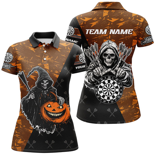 Individuelles Oranges Death Skeleton Halloween Dart Poloshirt für Damen, Gruseliges Dart Trikot TDM2736