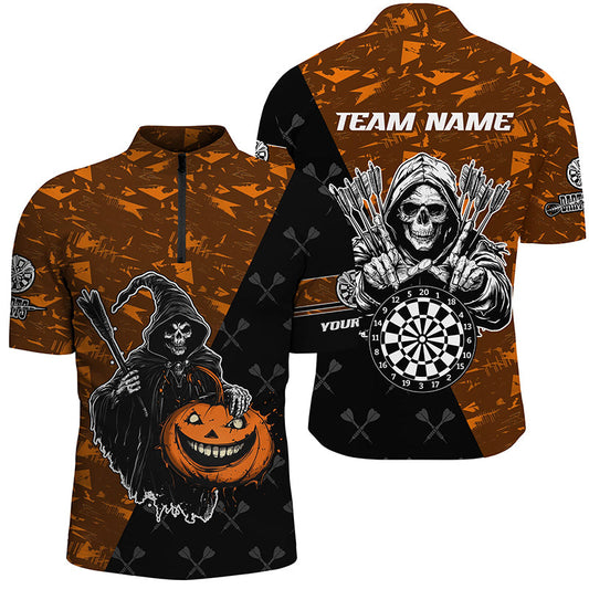Individuelles Oranges Death Skeleton Halloween Dart Herren Shirt mit Viertelreißverschluss, Gruseliges Dart Trikot TDM2736