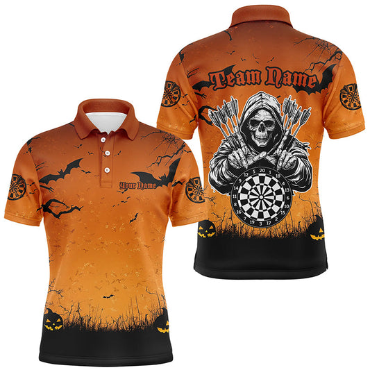 Individuelles Orange Halloween-Spuk-Nacht-Dart-Poloshirt für Herren, Gruseliger Skelett-Dart-Outfit TDM2737