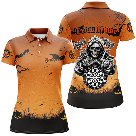 Individuelles Oranges Halloween Spuk Nacht Dart Poloshirt für Damen, Gruseliges Skelett Dart Outfit TDM2737