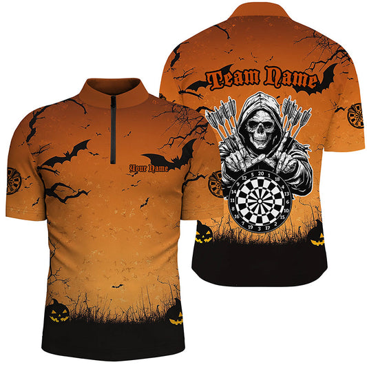 Individuelles Oranges Halloween Spook Night Dart Herren Shirt mit Viertelreißverschluss, Gruseliges Skelett Dart Outfit TDM2737