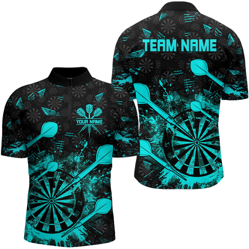 Schwarz Und Türkis Grunge Darts Polo, Viertelreißverschluss Für Herren Maßgeschneiderte Shirts Für Teamtrikots TDM3226
