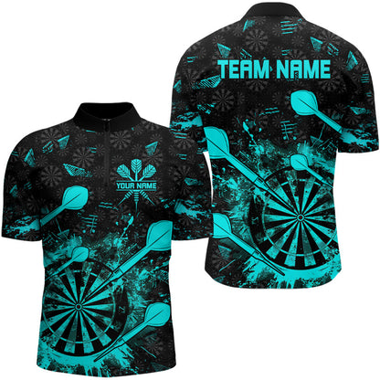 Schwarz Und Türkis Grunge Darts Polo, Viertelreißverschluss Für Herren Maßgeschneiderte Shirts Für Teamtrikots TDM3226