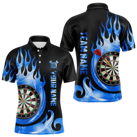Individuelles schwarz-blaues Feuerflammen-Licht-Dart-Poloshirt für Herren, Dartshirt Darttrikot TDM3424