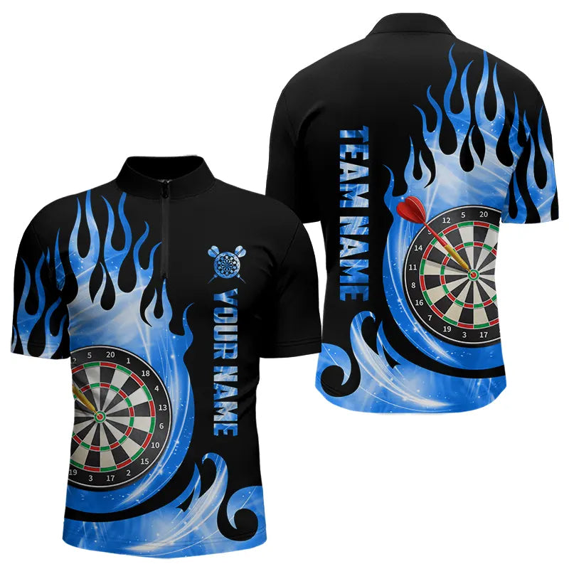 Individuelles Schwarz Blau Feuerflamme Licht Dart Herren Shirt mit Viertelreißverschluss, Dart Shirt Dart Trikot TDM3424