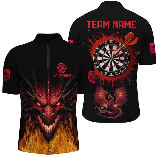 Drachen Dart Shirt für Herren, Schwarz-Rotes Dart Team Trikot mit Viertelreißverschluss TDM1451