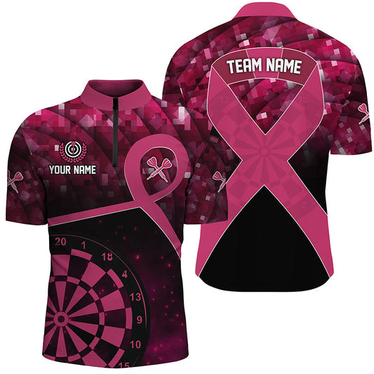 Individuelles Pink Ribbon Awareness Herren Dart Shirt mit Viertelreißverschluss, Brustkrebs Dart Trikot Geschenk TDM2507