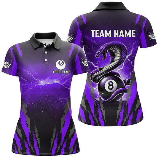 Individuelles Donner-Blitz-Kobra-Schlange Poloshirt für Damen, 8-Ball-Billardtrikot |Lila TDM2749