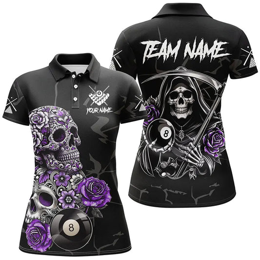 Lila lustiges Schädel-Rosen 8-Ball-Poloshirt für Damen, individuelles Poolteam-Shirt Design TDM2756