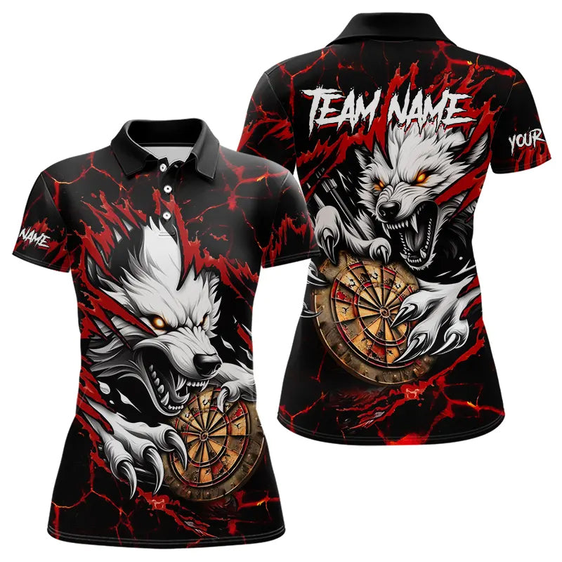 Personalisierter Wolf Blitz Darts Polo & Zip – Damen Dartshirt in Rot mit Teamdesign TDM3443