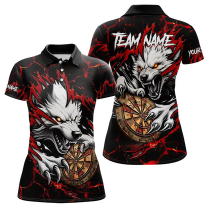 Personalisierter Wolf Blitz Darts Polo & Zip – Damen Dartshirt in Rot mit Teamdesign TDM3443