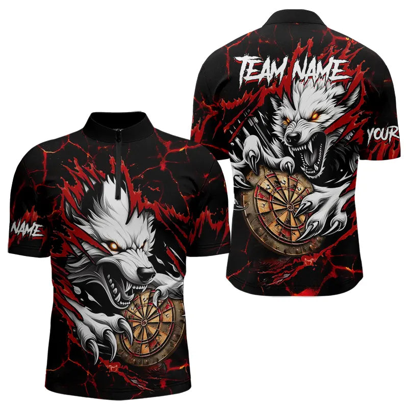 Personalisierter Wolf Blitz Darts Polo & Zip – Herren Dartshirt in Rot mit Teamdesign TDM3443