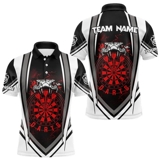 Individuelles schwarz-weißes Kobra-Schlangen-Dart-Poloshirt für Herren, Dart-Teamoutfit rot TDM3586