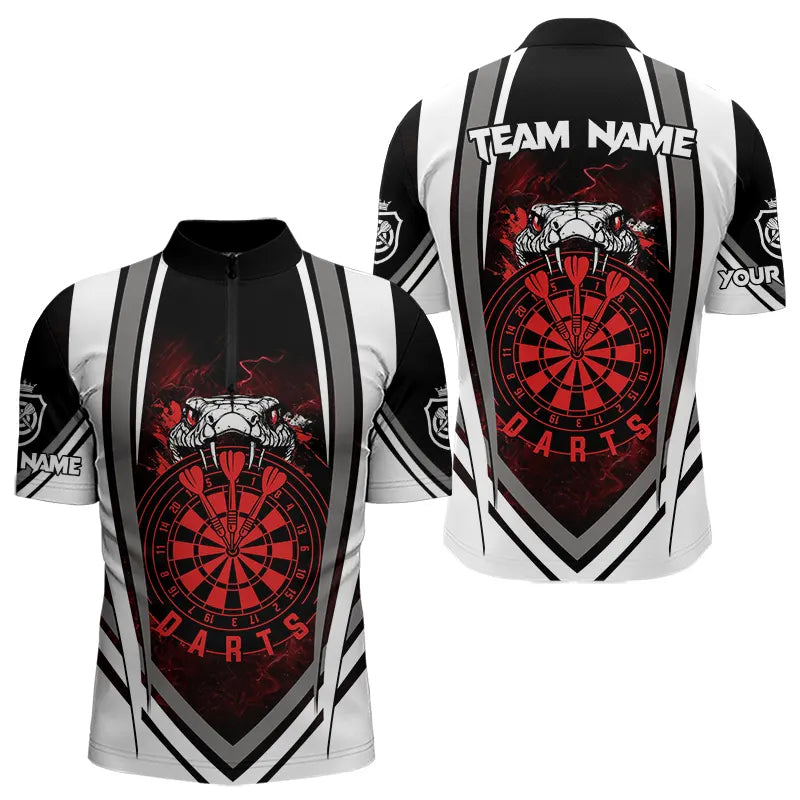 Individuelles Schwarz Weiß Cobra Schlange Dart Viertelreißverschluss Herren Shirt, Dart Trikot Team Outfit Rot TDM3586