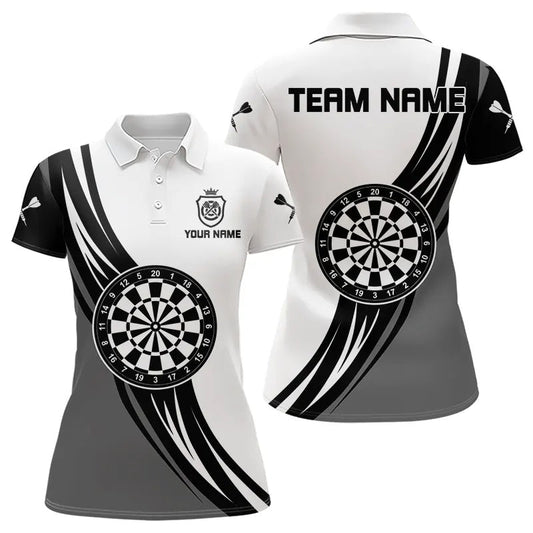 Individuelles Schwarz, Weiß und Grau Dartbrett Krone Dart-Poloshirt für Damen – Dart-Team-Trikots TDM3750