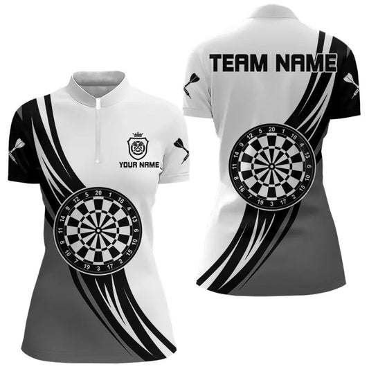 Individuelles Schwarz, Weiß und Grau Dartbrett Krone Dart Damen Quarter Zip Shirt – Dart Team Trikots TDM3750