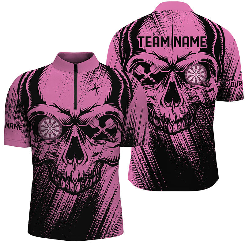 Individuelles Pink Grunge Skull Dart Herren Shirt mit Viertelreißverschluss, Cooler Dart Team Trikot TDM2531