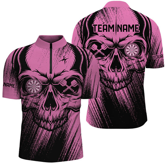 Individuelles Pink Grunge Skull Dart Herren Shirt mit Viertelreißverschluss, Cooler Dart Team Trikot TDM2531