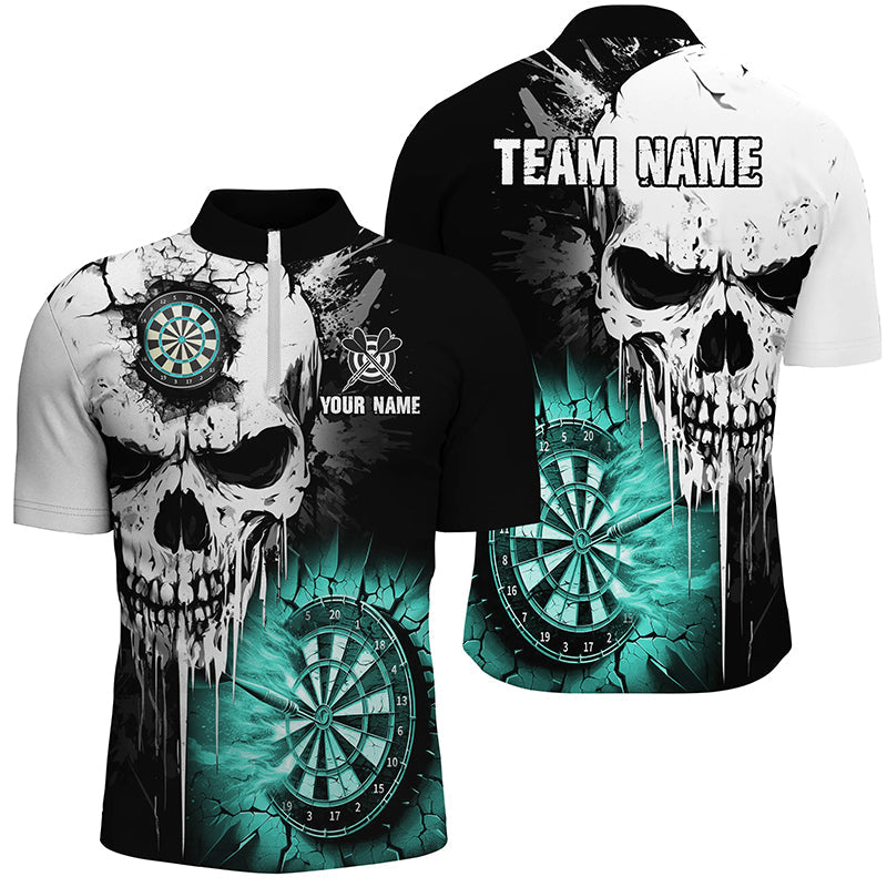 Individuelles Grunge Skull Crack Wall Dart Herren Shirt mit Viertelreißverschluss, Türkises Team Dart Trikot TDM2784