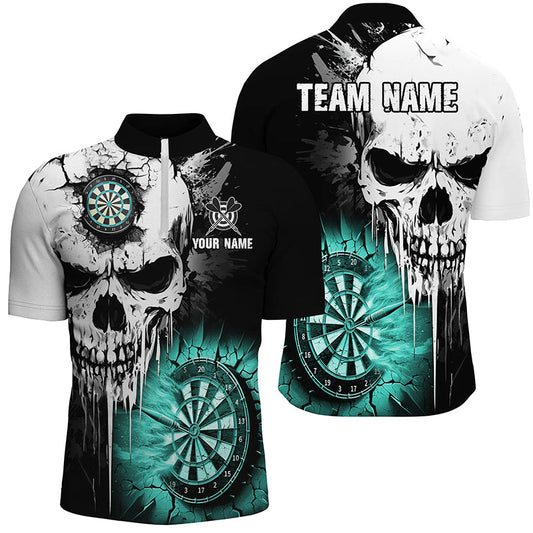 Individuelles Grunge Skull Crack Wall Dart Herren Shirt mit Viertelreißverschluss, Türkises Team Dart Trikot TDM2784