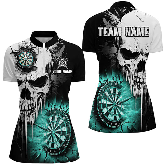 Individuelles Grunge Totenkopf Riss Wand Dart Damen Quarter Zip Shirt, Türkises Team Dart Trikot TDM2784