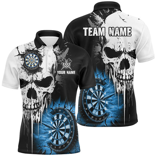 Individuelles Grunge-Totenschädel-Riss-Wand-Dart-Poloshirt für Herren, Gruseliges Dart-Teamtrikot Blau TDM2785