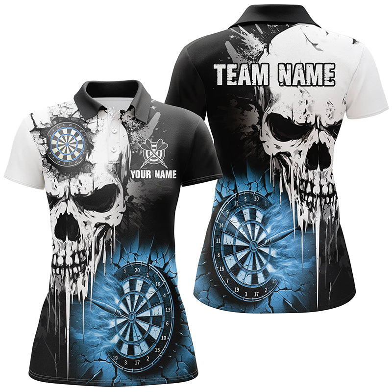 Individuelles Grunge Skull Riss Wand Dart Poloshirt für Damen, Gruseliges Dart Trikot Team Blau TDM2785