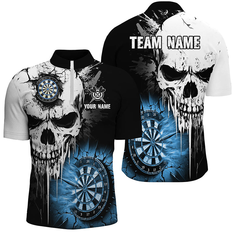 Individuelles Grunge Skull Crack Wall Dart Herren Shirt mit Viertelreißverschluss, Gruseliges Dart Trikot Team Blau TDM2785