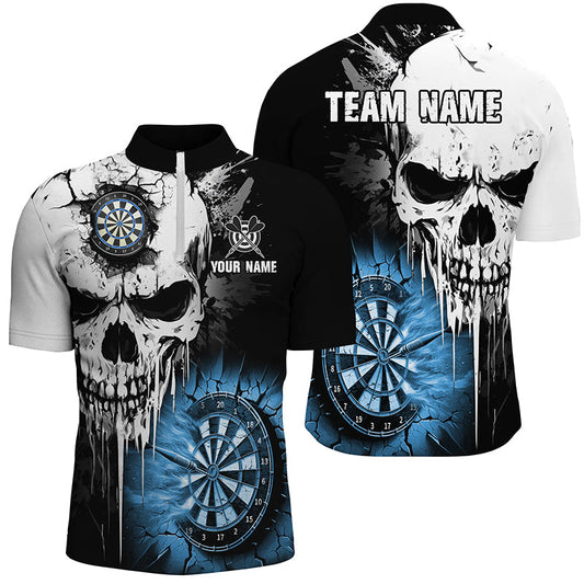 Individuelles Grunge Skull Crack Wall Dart Herren Shirt mit Viertelreißverschluss, Gruseliges Dart Trikot Team Blau TDM2785