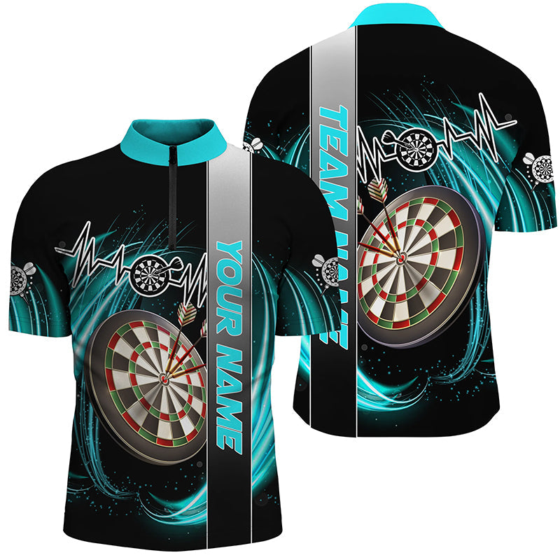 Individuelles Cyan Wirbel Darts Board Herzschlag Linie Dart Herren Shirt mit Viertelreißverschluss, Team Dart Trikot TDM3023