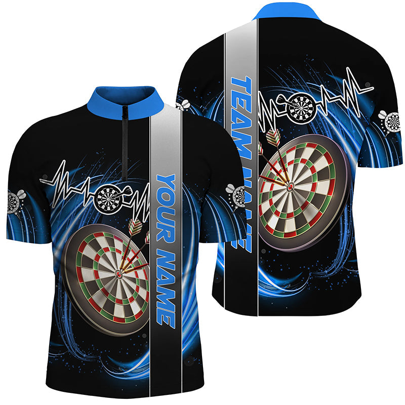 Individuelles Blaues Wirbel Darts Board Herzschlag Linie Dart Herren Shirt mit Viertelreißverschluss, Team Dart Trikot TDM3024