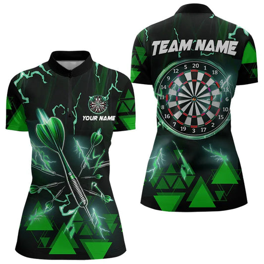 Individuelles Grün Dart Pfeil Donner Blitz Dart Damen Quarter Zip Shirt – Dart Team Trikots TDM3766