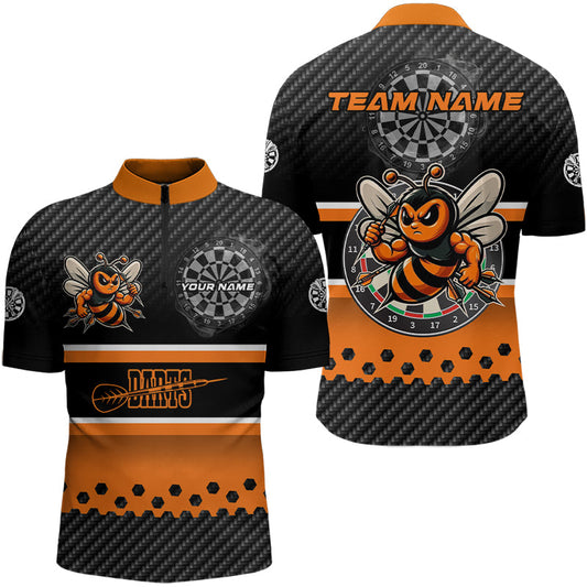 Schwarz Orange Individuelles Dart Herren Shirt mit Viertelreißverschluss, Beste Darts Geschenke Dart Trikot TDM3263