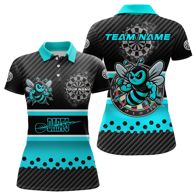 Schwarz-Cyan Individuelles Dart-Poloshirt für Damen, Beste Dartgeschenke Dart-Trikot TDM3264