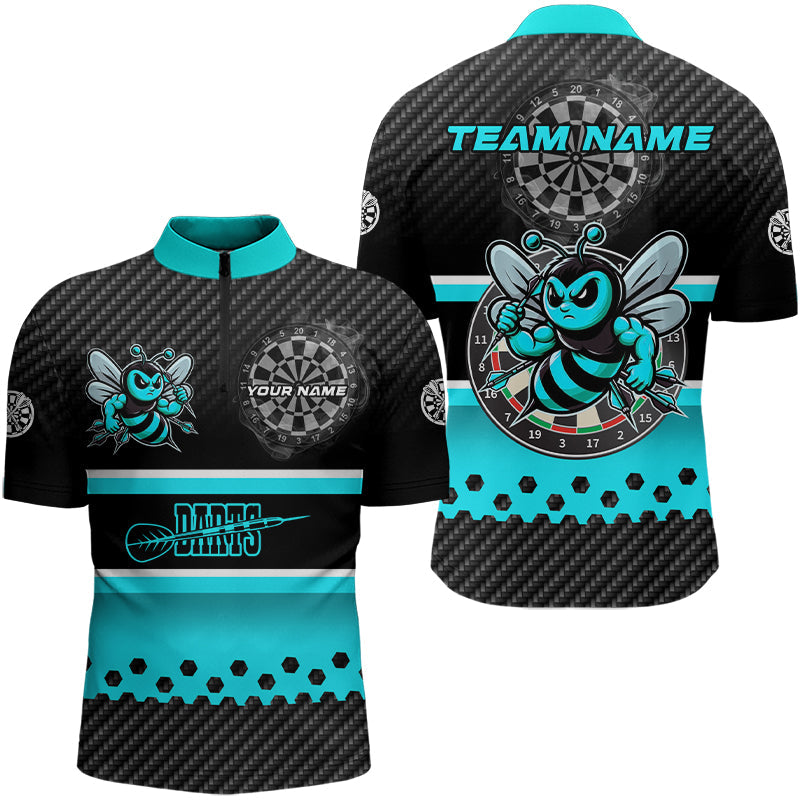 Schwarz und Cyan Individuelles Dart Herren Shirt mit Viertelreißverschluss, Beste Darts Geschenke Dart Trikot TDM3264