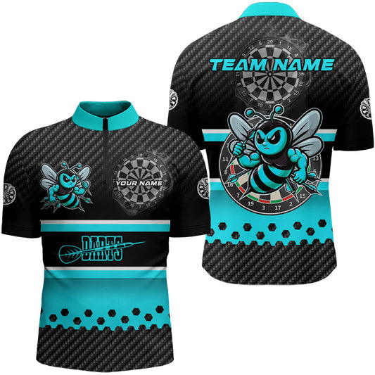 Schwarz und Cyan Individuelles Dart Herren Shirt mit Viertelreißverschluss, Beste Darts Geschenke Dart Trikot TDM3264