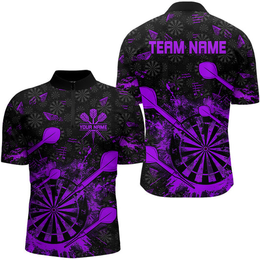 Schwarz und Lila Grunge Darts Herren Shirt mit Viertelreißverschluss, Individuelles Dart Shirts für Team Dart Trikots TDM3276
