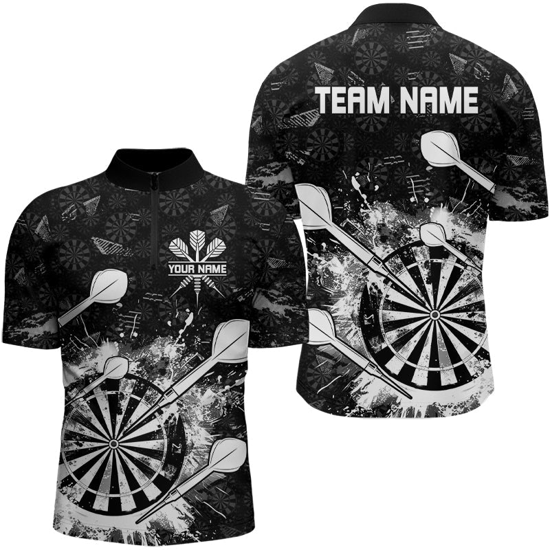 Schwarz Weiß Grunge Darts Herren Shirt mit Viertelreißverschluss, Individuelles Dart Shirts für Team Dart Trikots TDM3277