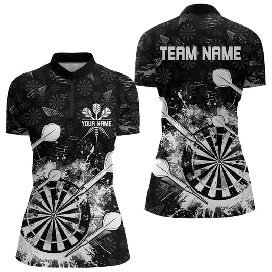 Schwarz-Weiß Grunge Darts Damen Quarter Zip Shirt, Individuelle Dartshirts für Teams, Dart Trikots TDM3277