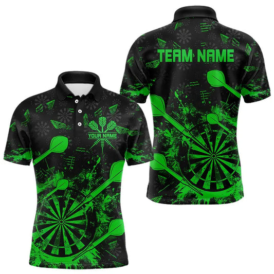 Individuelle schwarz-grüne Grunge-Dart-Poloshirts für Herren, Dart-Teamtrikot TDM3464