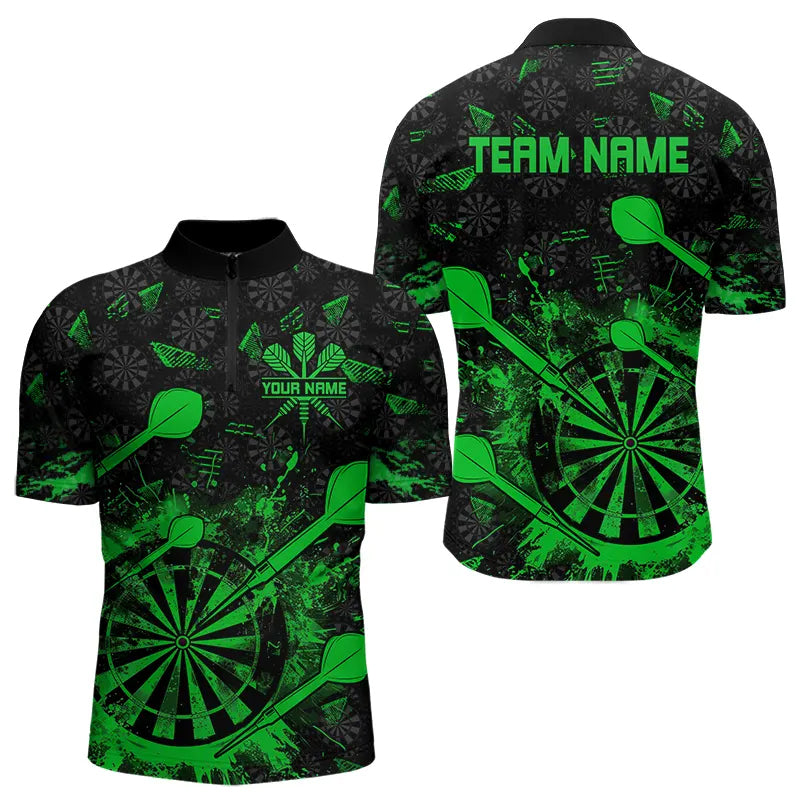 Individuelles Schwarz und Grün Grunge Dart Viertelreißverschluss Herren Shirt, Dart Trikot Team TDM3464